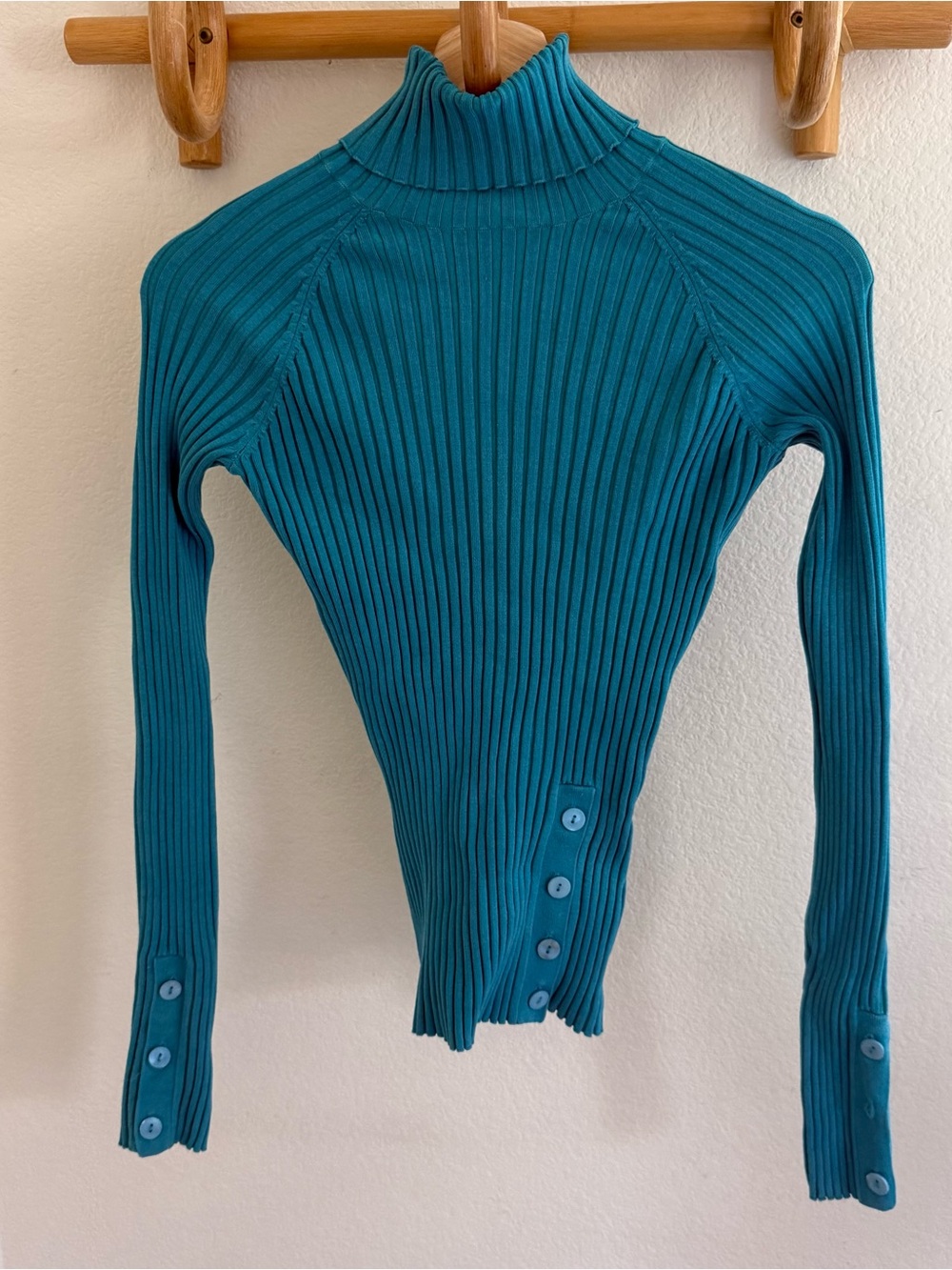 Cache rare Y2K 90s grunge teal silk blend ribbed knit turtleneck sweater buttons